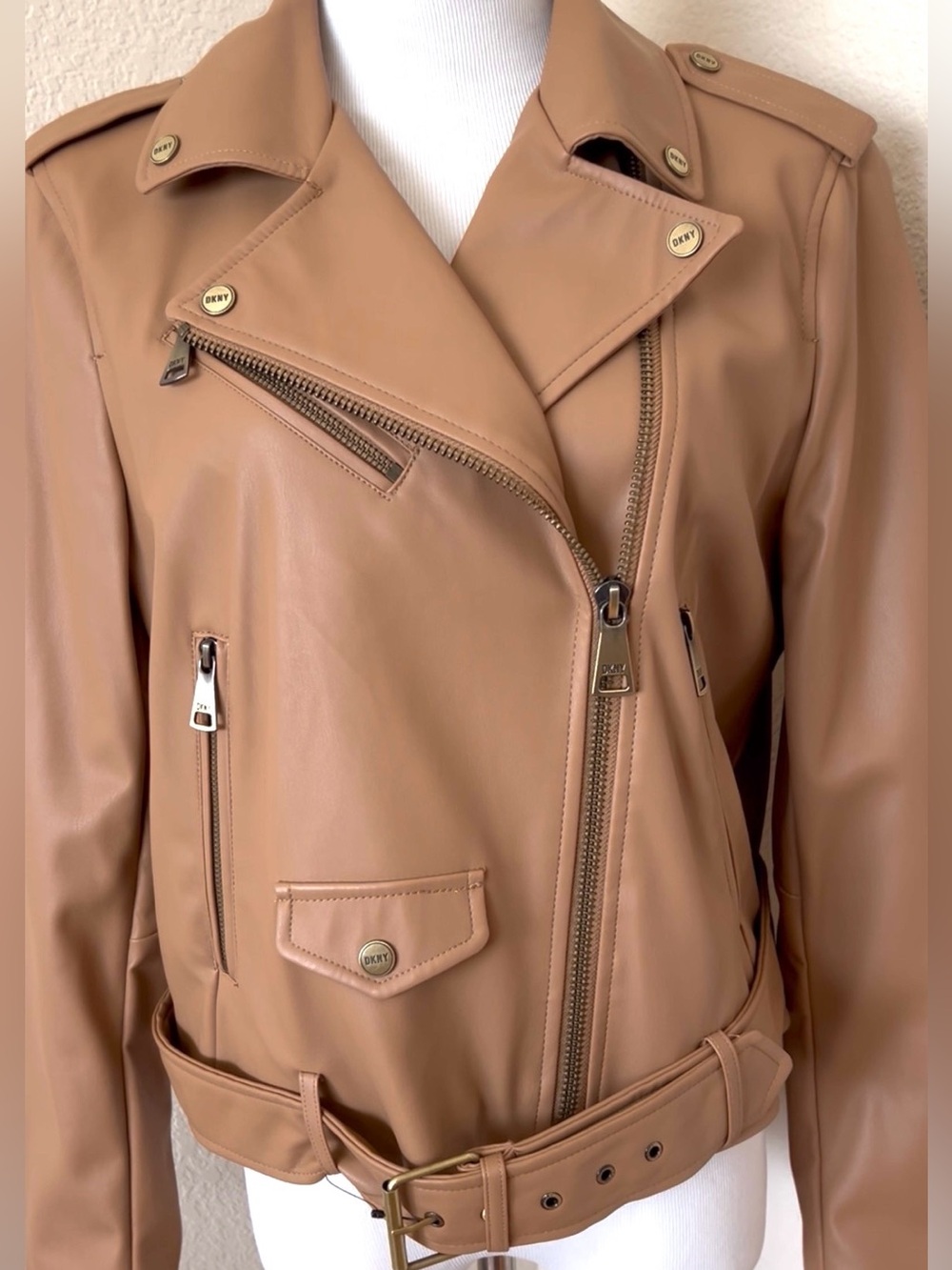 Motorcycle Jacket Beige Camel Color Faux Leather Women’s Moto Jacket with Belt